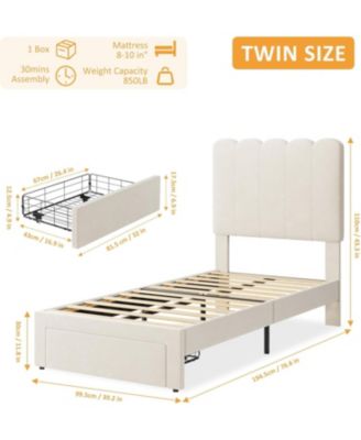 Twin Bed Frame with Drawer, Velvet Upholstered Platform Bed with Wave Headboard for Kids/Girls, Wooden Slats Support, No Box Spring Needed