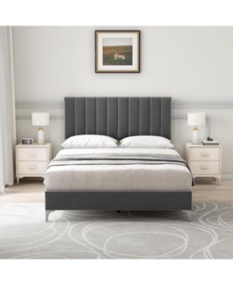 Size Bed Frame with Headboard, Velvet Upholstered Platform Bed Frame with Adjustable Headboard and Wooden Slats Support, Dark Grey