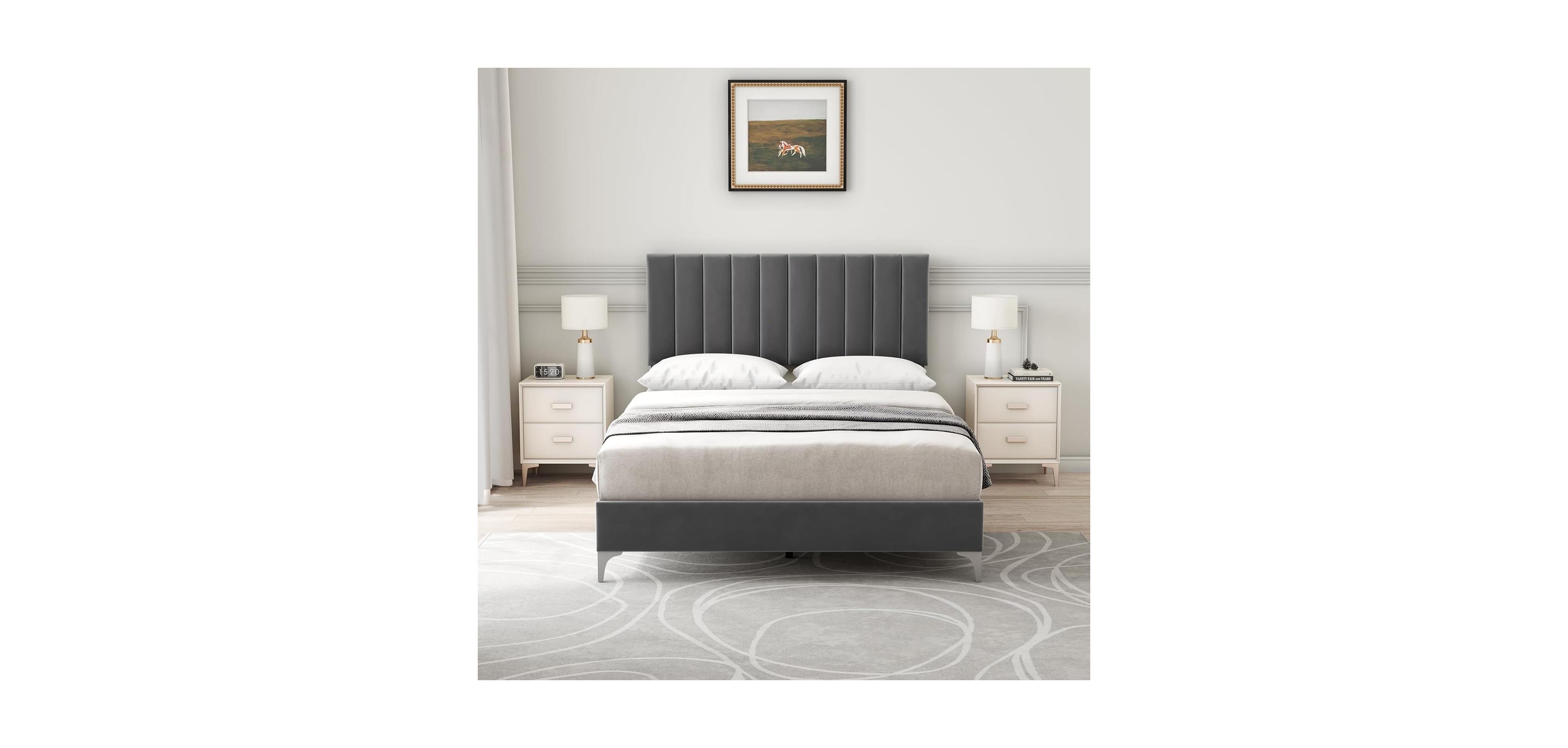 gaomon Size Bed Frame with Headboard, Velvet Upholstered Platform Bed Frame with Adjustable Headboard and Wooden Slats Support, Dark Grey