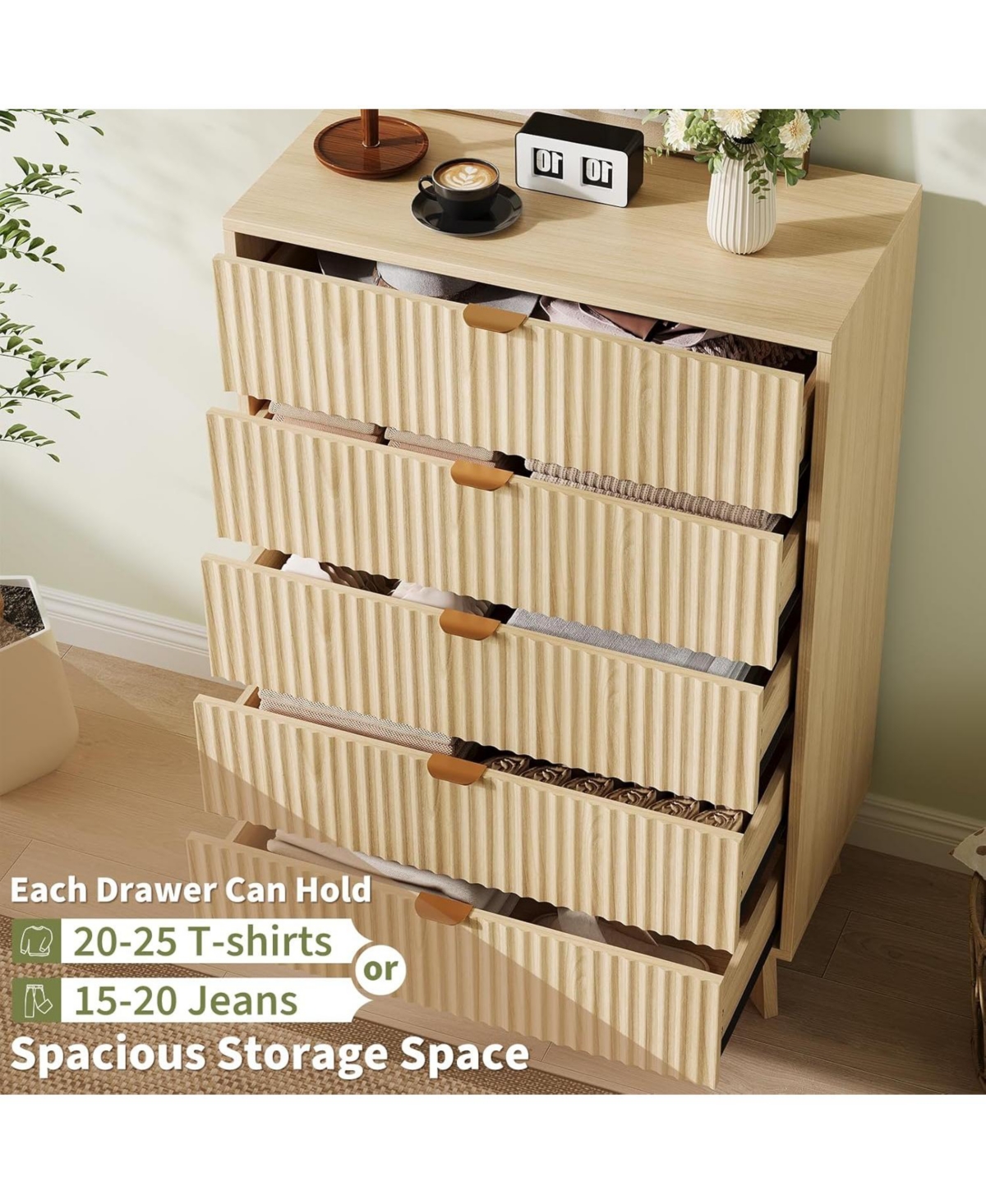 gaomon Fluted 5-Drawer Modern Dresser, Wood Storage Chest Organizer for Bedroom or Hallway