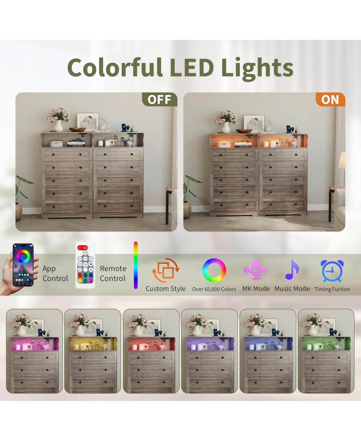 gaomon -Drawer Wooden Dresser with Led Lights & Charging Station