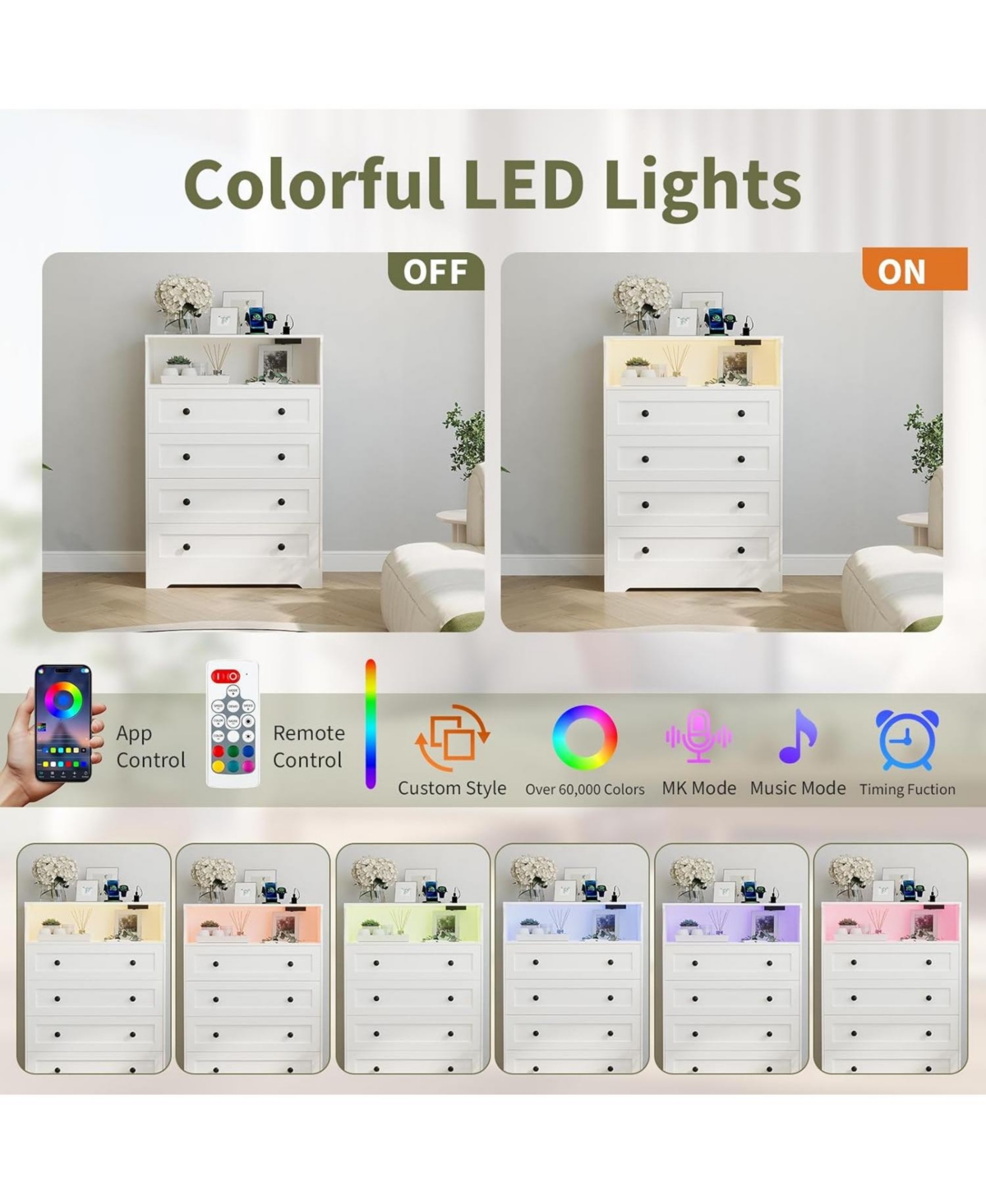 gaomon 4-Drawer Wooden Dresser with Led Lights & Charging Station, Modern Nightstand Chest for Bedroom