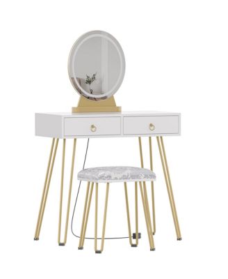 Dressing Table with Mirror and Lamp, Makeup Vanity Table with Upholstered Stool