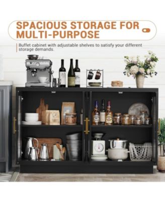 55.1" Buffet Cabinet with Storage, Modern Sideboard with 4 Fluted Glass Doors and Adjustable Shelf, Coffee Bar