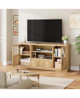 72" Farmhouse TV Stand, Entertainment Center with Wave Pattern, Glass Door Cabinets and Open Storage