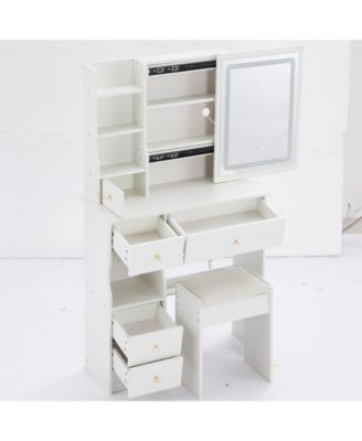 2-Piece Wood Vanity Table Set with Drawer, Cushioned Stool, LED Mirror, Power Outlets, Hairdryer Holder