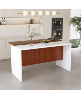  63" Modern White Kitchen Island with Marble-Look Surface & LED Lights (Island Only