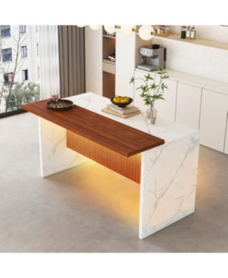  63" Modern White Kitchen Island with Marble-Look Surface & LED Lights (Island Only