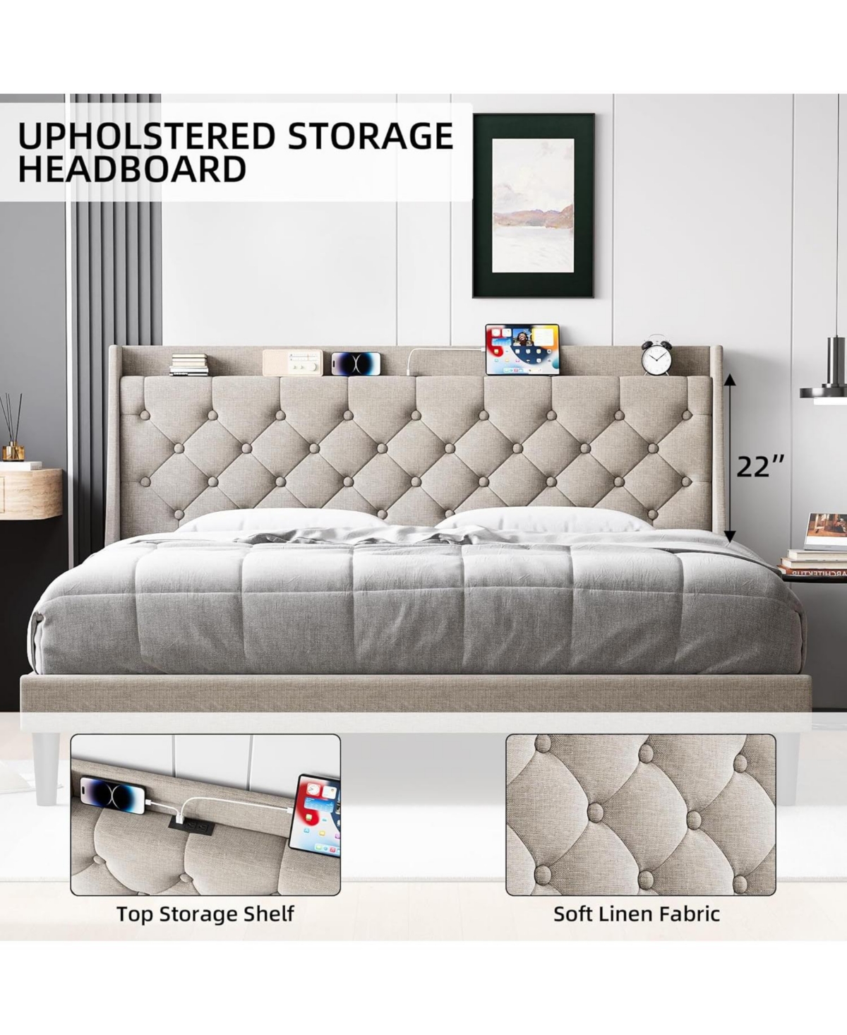 gaomon King Linen Upholstered Platform Bed Frame with Wingback Headboard Built-in Storage Shelf Power Outlets Usb Ports Wood Slats Underbed Space