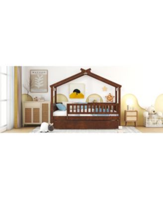 Twin Size Wooden House Bed With Twin Size Trundle