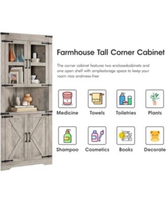 Tall Corner Storage Cabinet, Farmhouse Corner Hutch with Glass Door & Adjustable Shelves