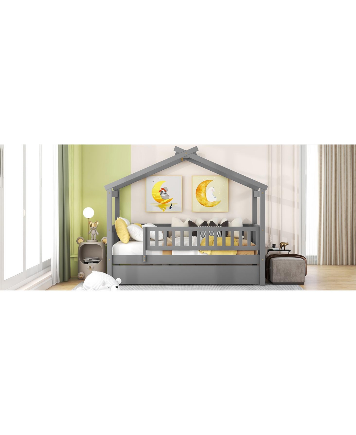 Simplie Fun Twin Wooden House Bed With Trundle, Walnut