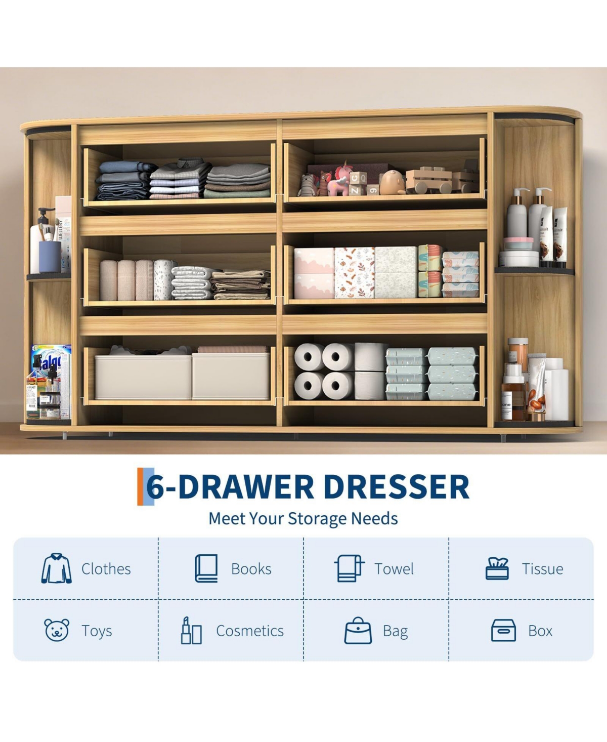 gaomon Drawer Dresser with Power Outlet, Farmhouse Wooden Dresser with Metal Handles & Vintage Design