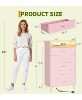 Tall 5-Drawer Dresser with RGB Lights & Charging Station, App-Controlled LED Wooden Chest for Bedroom, Pink