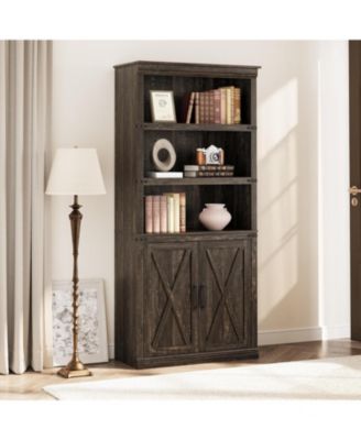Farmhouse Bookcase with Doors, 5-Tier 70" Tall Bookshelf with Storage Cabinet for Living Room