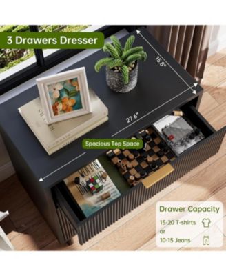 3-Drawer Wave Fluted Dresser, Wide Wooden Chest with Metal Legs for Bedroom and Living Room