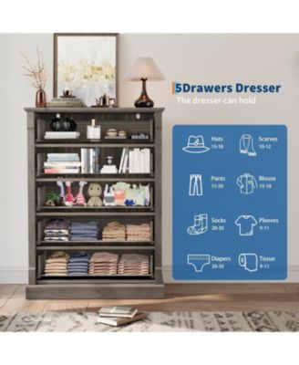 5 Drawer Dresser for Bedroom, Tall Farmhouse Chest of Drawers with Metal Handles, Rustic Storage Cabinet