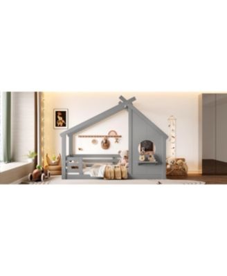 House Floor Bed with Window and Shelf, Solid Wood