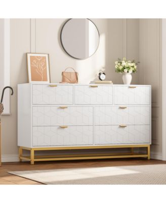 Modern Dresser for Bedroom, 53.5" Wide 7-Drawer Organizer with Golden Metal Handles and Legs, Stylish Chest of Drawers for Living Room