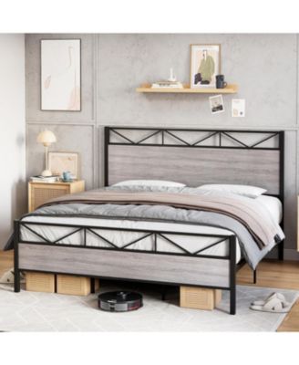 King Size Bed Frame with Rustic Wood Headboard and Footboard, Heavy Duty Metal Platform Bed Frame with Steel Slat Support
