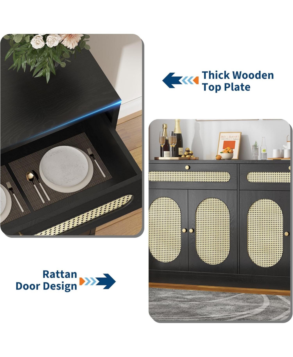 gaomon 60" Rattan Sideboard Cabinet with Adjustable Shelves, Buffet with 2 Drawers and 4 Rattan Doors for Dining Room