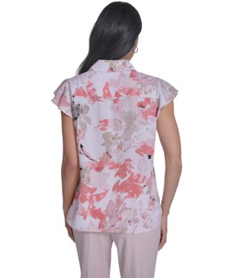 Women's Printed Cap-Sleeve Ruffle Front Top