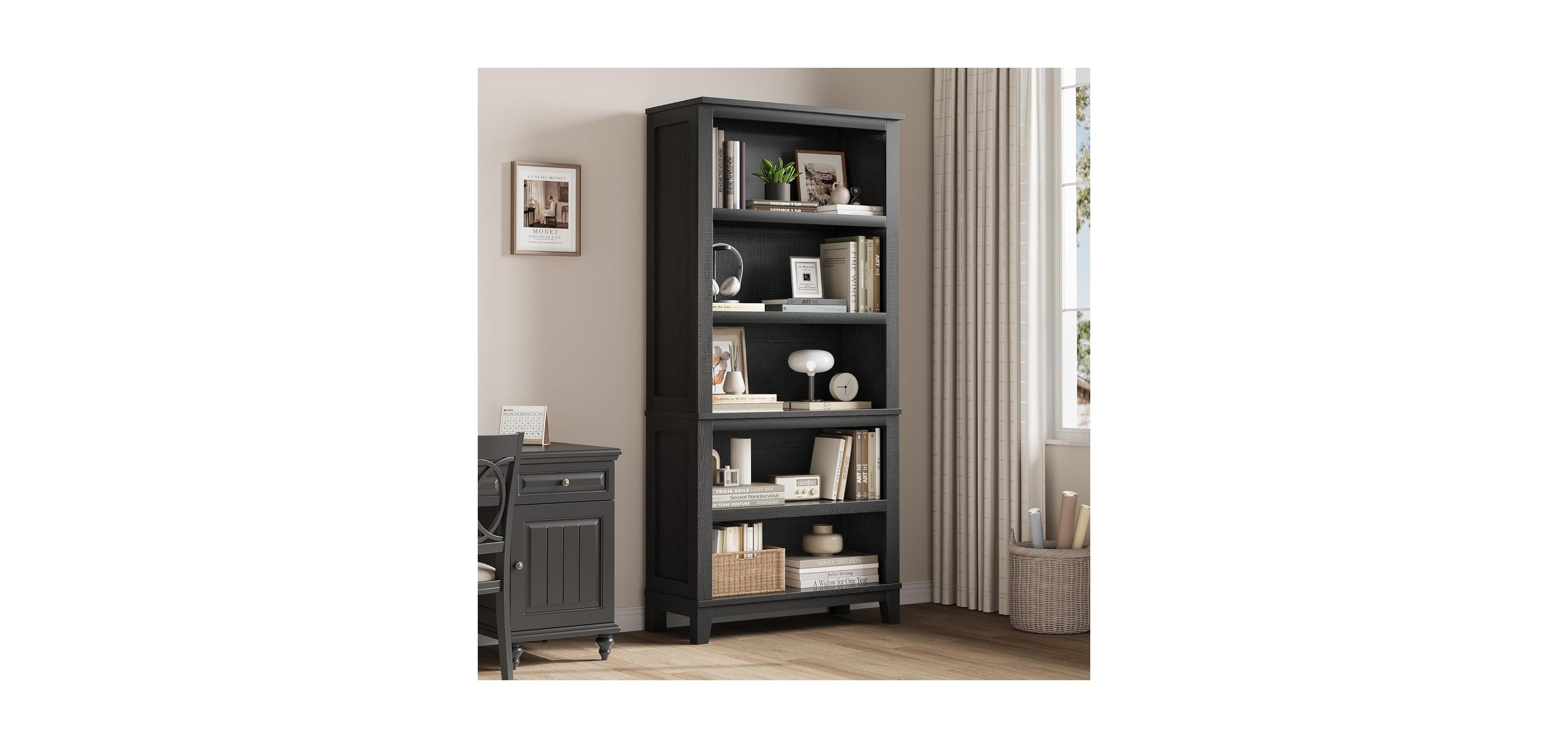 gaomon 71" Tall 5-Tier Farmhouse Bookcase with Adjustable Shelves, 31.5" Wide Wood Bookshelf