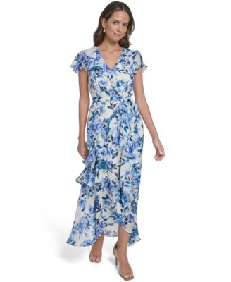 Women's Asymmetrical Ruffle V-Neck Maxi Dress