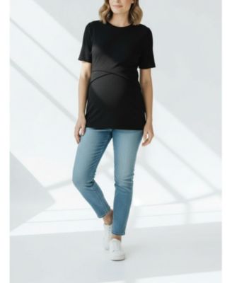 Maternity Motherhood Crew Neck Cross Over Nursing Short Sleeve Top