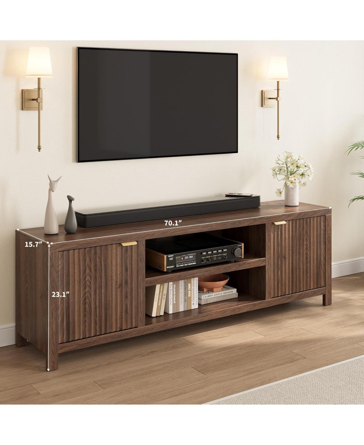 gaomon Fluted Tv Stand for 80 Inch Tv, Modern Entertainment Center with Storage & Gold Handles