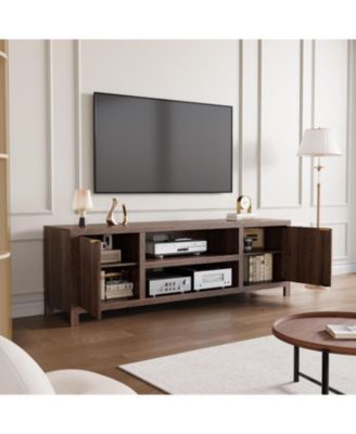 Fluted TV Stand for 80 Inch TV, Modern Entertainment Center with Storage & Gold Handles