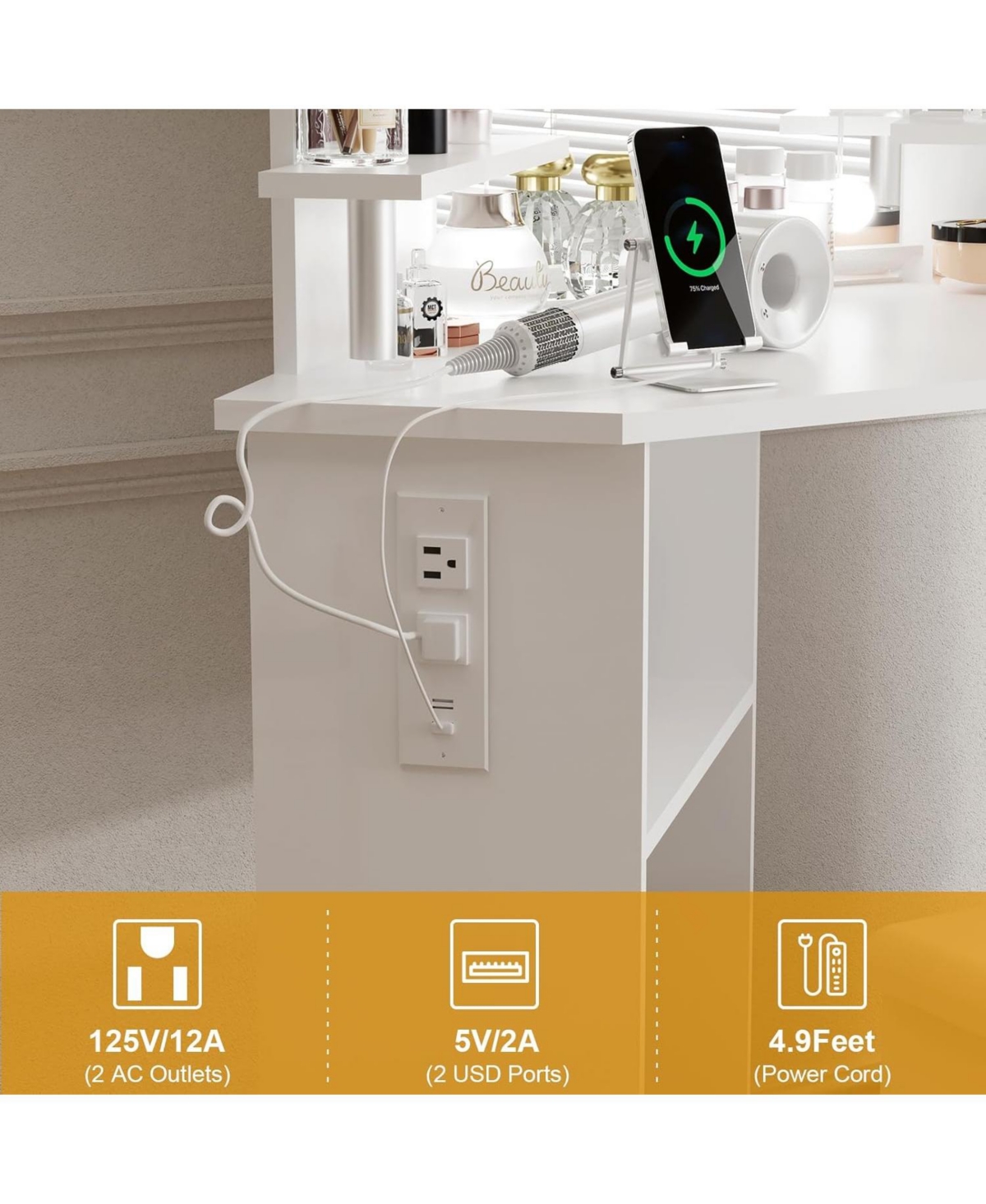 gaomon Corner Makeup Vanity Desk with Lights and Power Outlet, Rotating Drawers and Adjustable Shelves