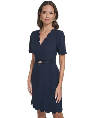 Petite Scalloped Hem Bow Belt V-Neck Short Dress
