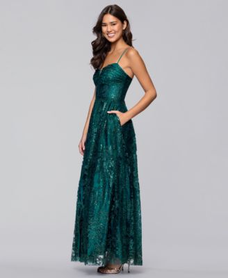 Juniors' Long Glitter V-Neck Lace-Up Back Ball Gown