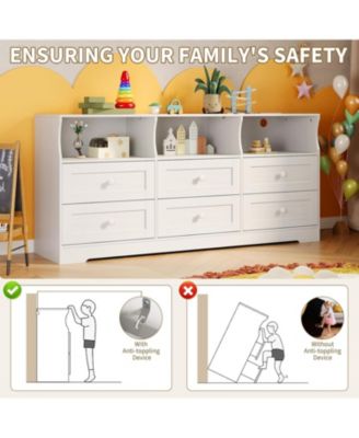 6-Drawer Slim Dresser for Bedroom, Wooden Chest with Power Outlets, LED Light & Open Shelf