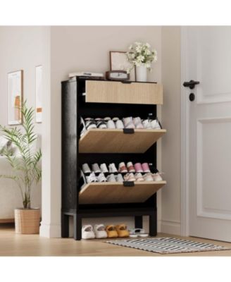 Shoe Storage Cabinet with 2 Flip Drawers,Entrance Wooden Shoe Rack with Iron Legs,Farmhouse Fluted Shoe Organizer for Entryway,Hallway,Foyer,Black+Oak