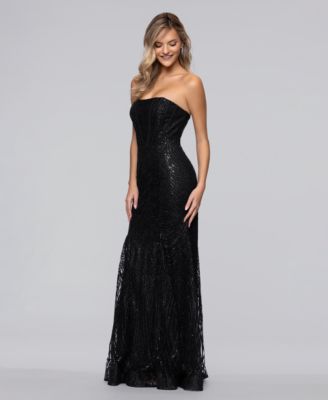 Juniors' Long Glitter Strapless Corset Fit & Flare Ball Gown