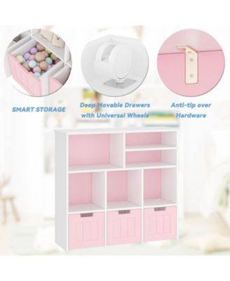 Toy Storage Cabinet with 3 Movable Drawers and 6 Cubes, Kids Bookshelf Organizer with Wheels