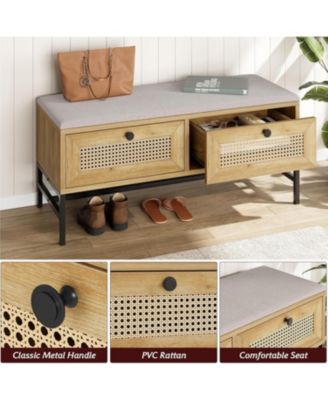 Entryway Collection Wooden Rattan Bench with Linen Cushion and Storage Drawer Shoe Bench