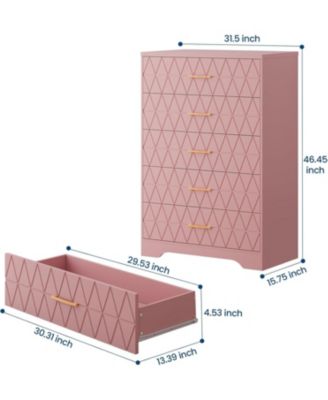 5-Drawer Tall Dresser for Bedroom, Wooden Chest of Drawers with Gold Handles for Closet Storage, Pink