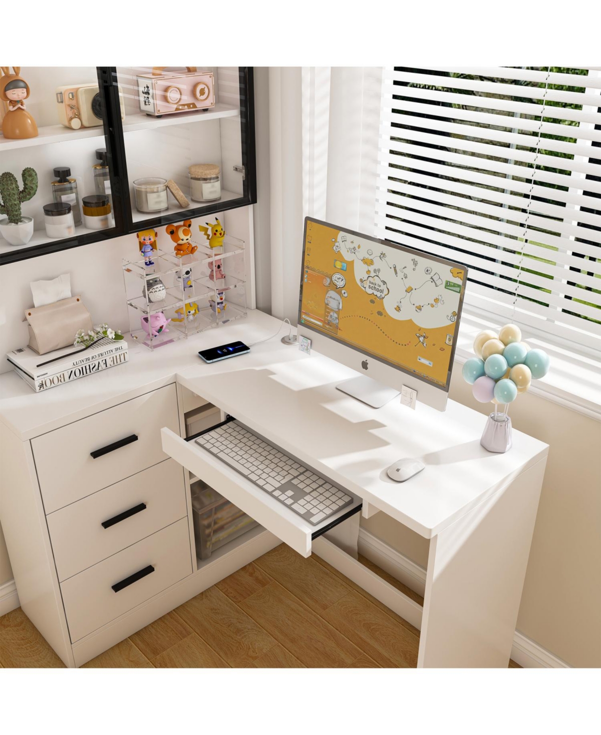 Streamdale L-Shaped Corner Desk with Led, Usb, Keyboard Tray - White