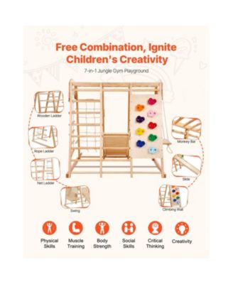 Indoor Jungle Gym, 7-in-1 Toddler Indoor Playground,  with Wood and Rope Ladder
