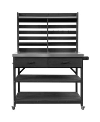 Streamdale Outdoor Potting Bench with Wheels, Hutch, Stainless Steel Top, Black
