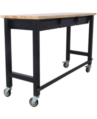 “60&iquest; Workbench with drawer, bamboo top & wheels for garage or office”