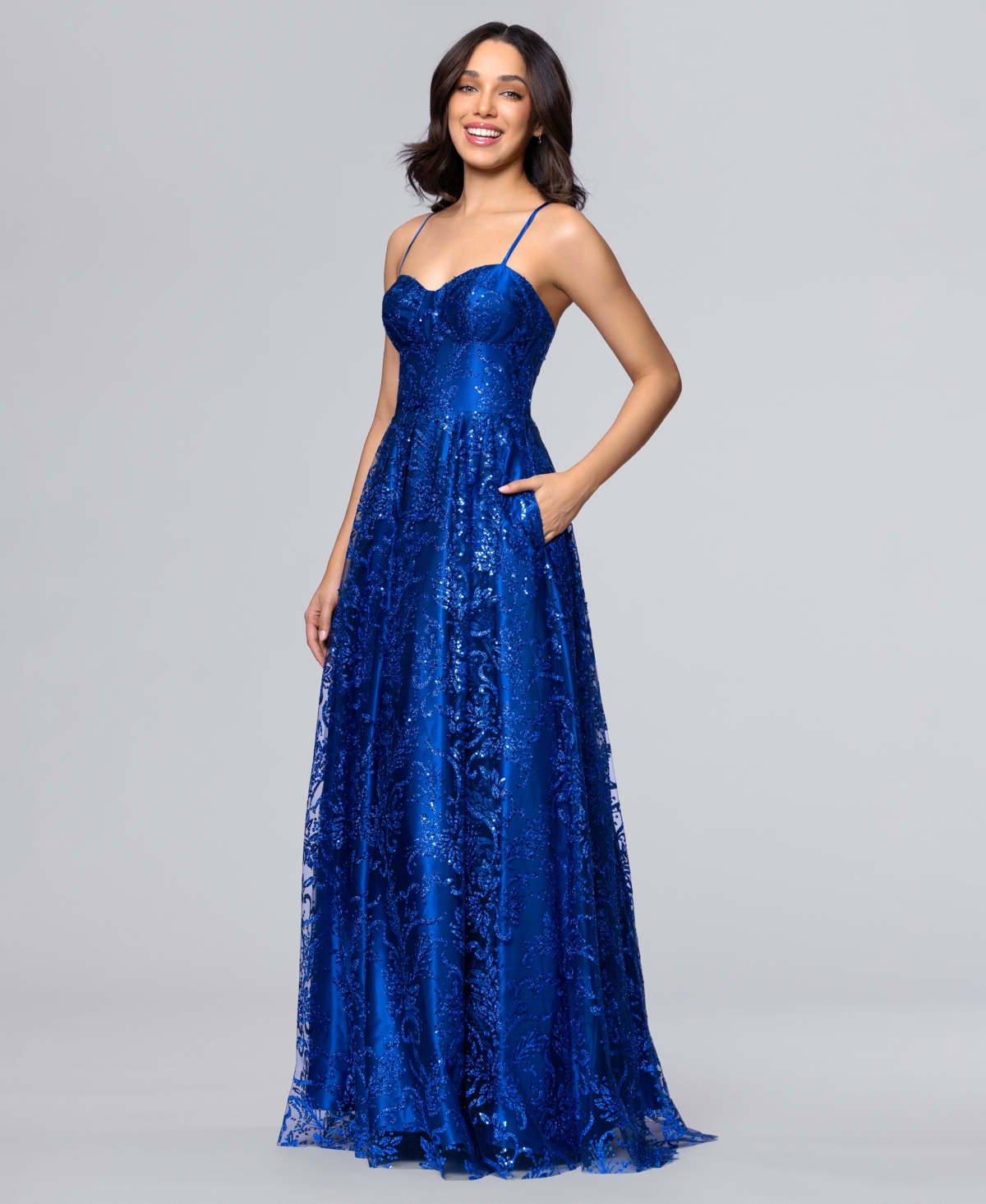 Blondie Nites Juniors' Glitter Lace-Up Sweetheart Gown