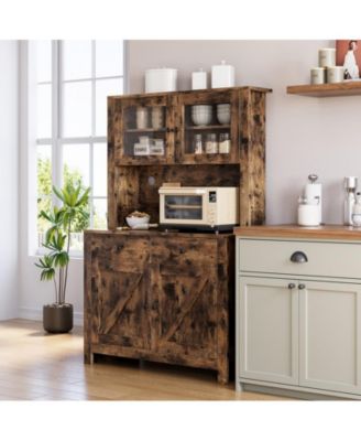 Kitchen Pantry Cabinet with Microwave Stand, Freestanding Hutch Storage Cupboard, Brown