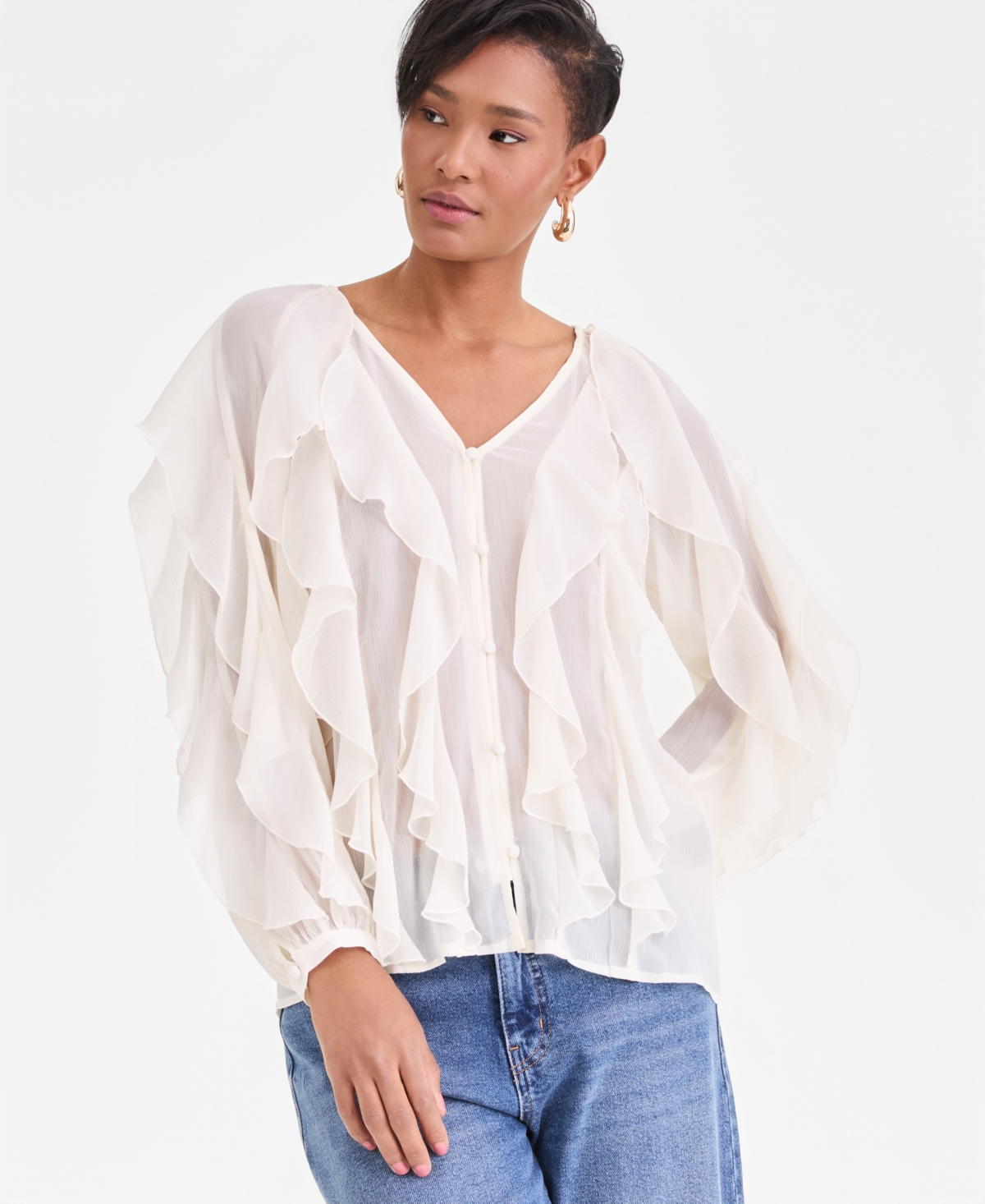 I.n.c. International Concepts Women's Long-Sleeve Ruffled Blouse, Macy's Exclusive