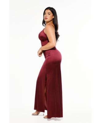 Women's Shapewear Satin Deep-V Front Slit Maxi Dress