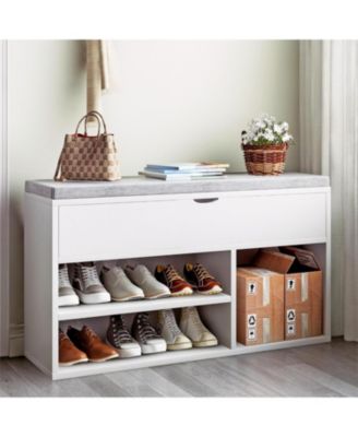 Shoe Storage Bench With Cushion, Entryway Bench With Lift-Top Storage Box & 2 Tiers Open Shoe Rack for Bedroom, White