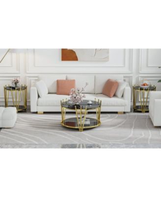  31.5" Modern Gold Coffee Table, Crown Legs, Black Tempered Glass